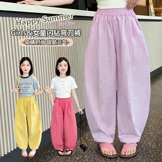 夏季薄款100%纯棉烫钻弯刀裤女学生爆闪潮酷中大童百搭休闲裤