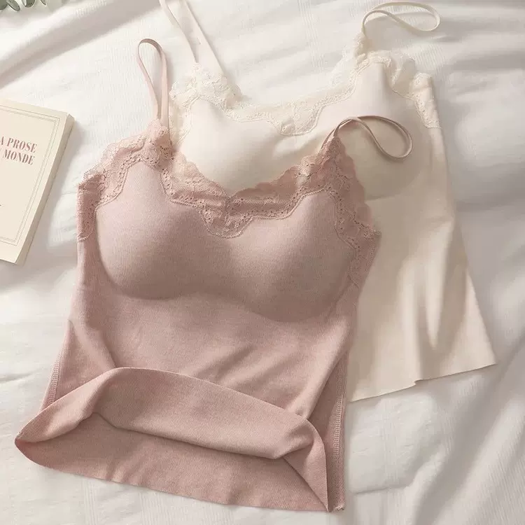 自带胸垫可外穿蚕丝保暖无痕吊带背心恒温免穿bra一体内搭打底衣