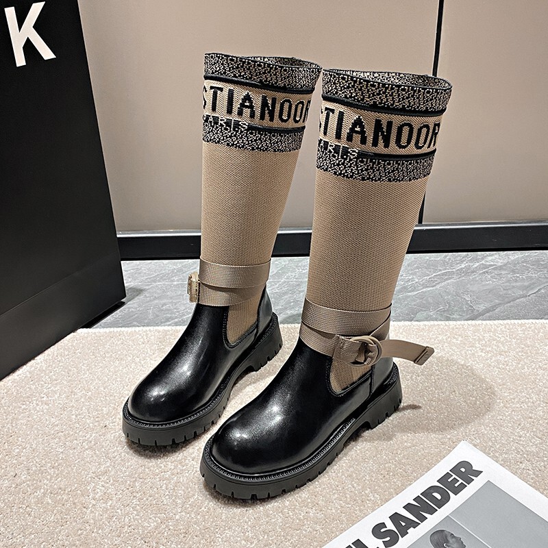 2025 British-Style Long Boots, Spring American-Style Wide-Leg Fashion Versatile Comfortable Stylish Lace-Up High Women's Boots, Breathable and Warm