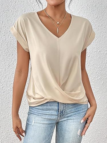 236g Weight Short Sleeve Sleeve Length Spandex, Polyester Fabric Type Long Top Length T-shirt Tops Type Casual, Daily Occasion V Neck Neckline Loose Fit Type Solid Color Pattern Summer Season Women's Gender Casual, Elegant Style Wholesale Women's Spandex Polyester Casual Elegant Solid Color Short Sleeve T-Shirts 17