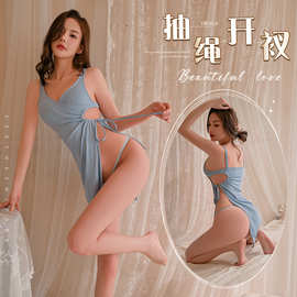 舒窈深V法式性感露腰抽褶高开叉包臀显瘦系带绑带纯欲吊带裙9118