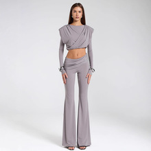 亚马逊外贸欧美秋冬新款时尚纯色长袖露脐上衣气质喇叭长裤套装女