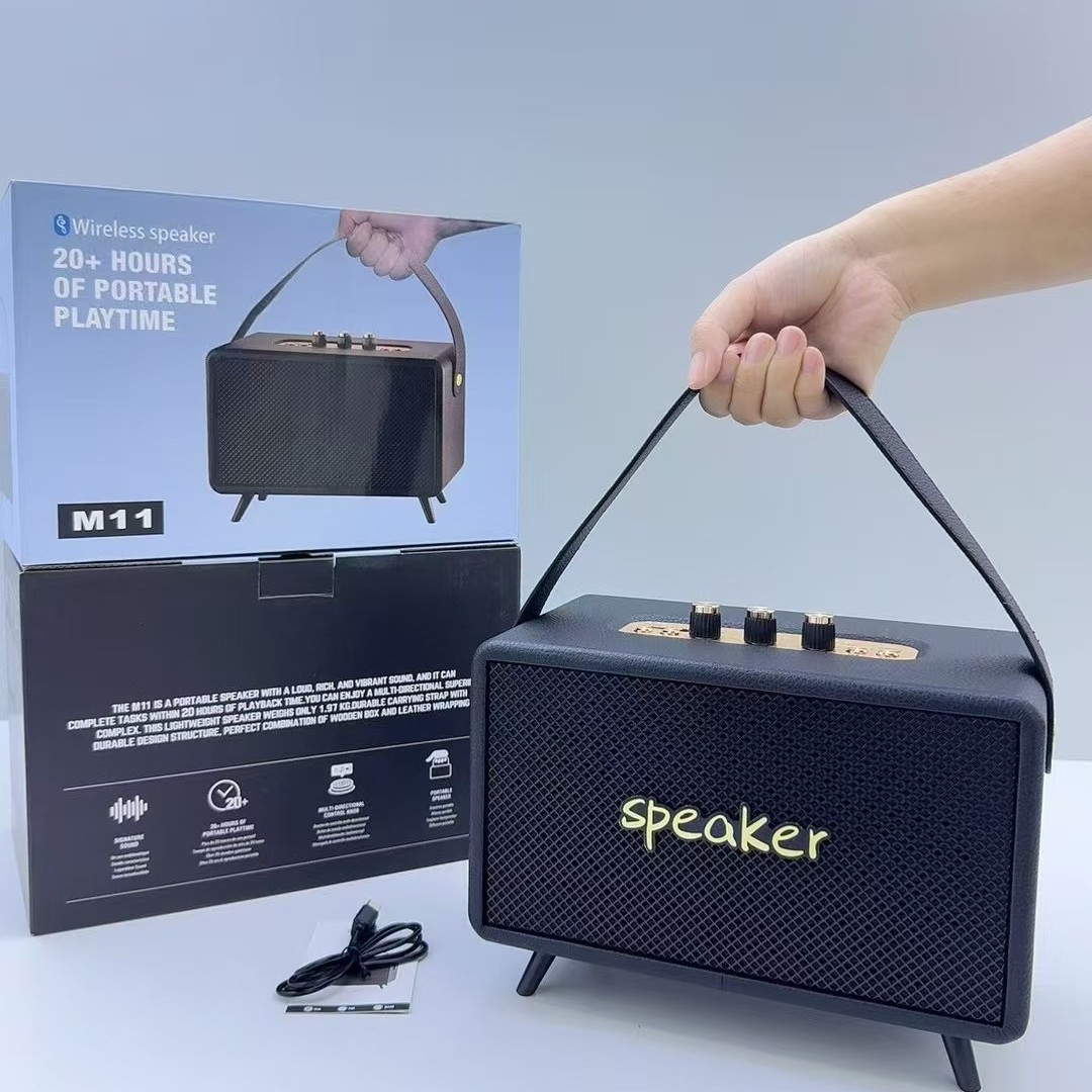 跨境新款M11复古皮革蓝牙音响手提户外便携大功率低音炮插卡音箱