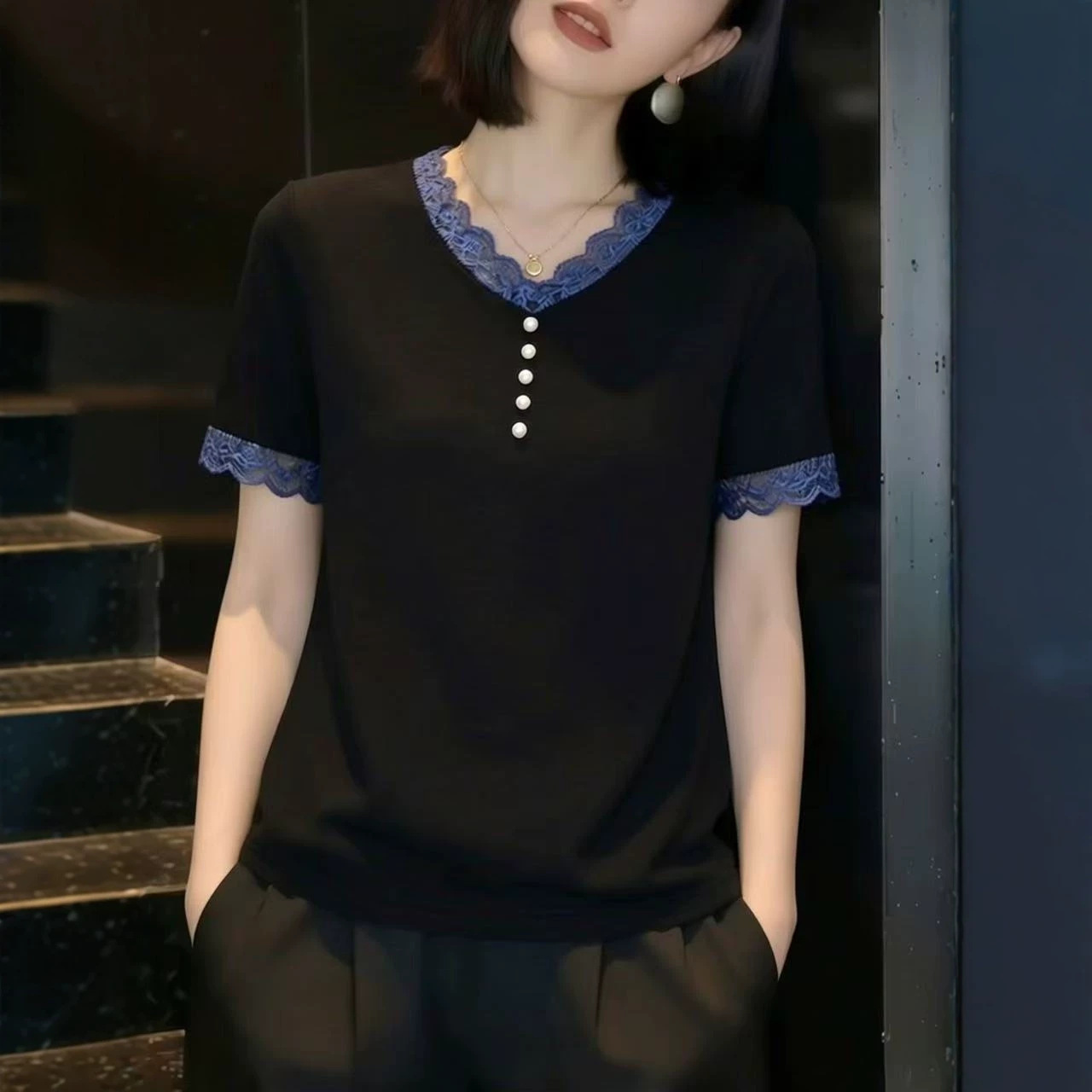 Áo thun ren cổ V tay ngắn nữ phong cách Hàn Quốc — đen chi tiết 3
