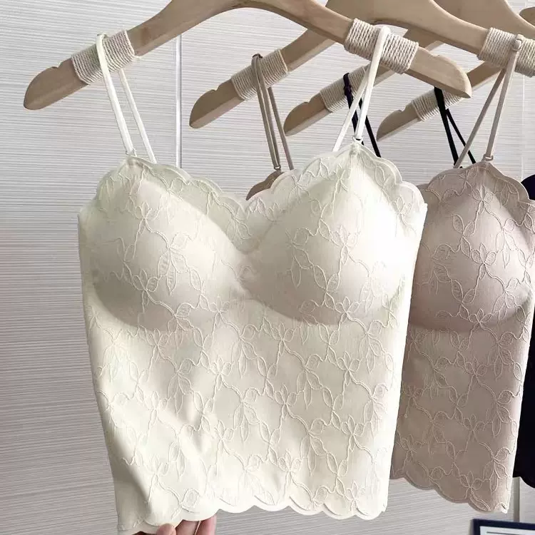 法式蕾丝吊带背心柔软高弹固定杯一片式立体刺绣可调节百搭内衣