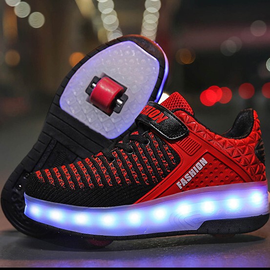 Cross-border children's detachable two-wheel LED rechargeable heloo shoes boys casual shoes students with wheels luminous board shoes
