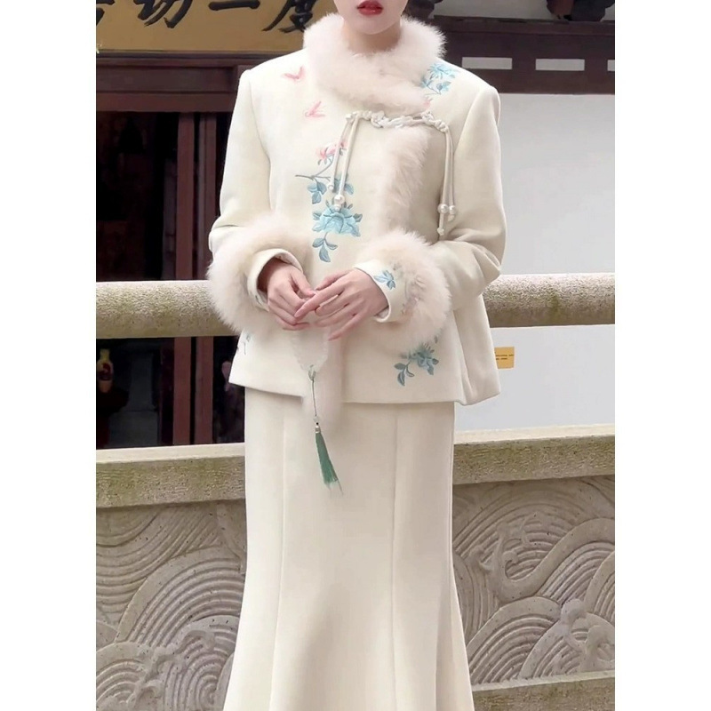 2024 Winter New Chinese Style Light Luxury Embroidered Woolen Suit White Cotton Jacket Half Skirt Two-Piece Set