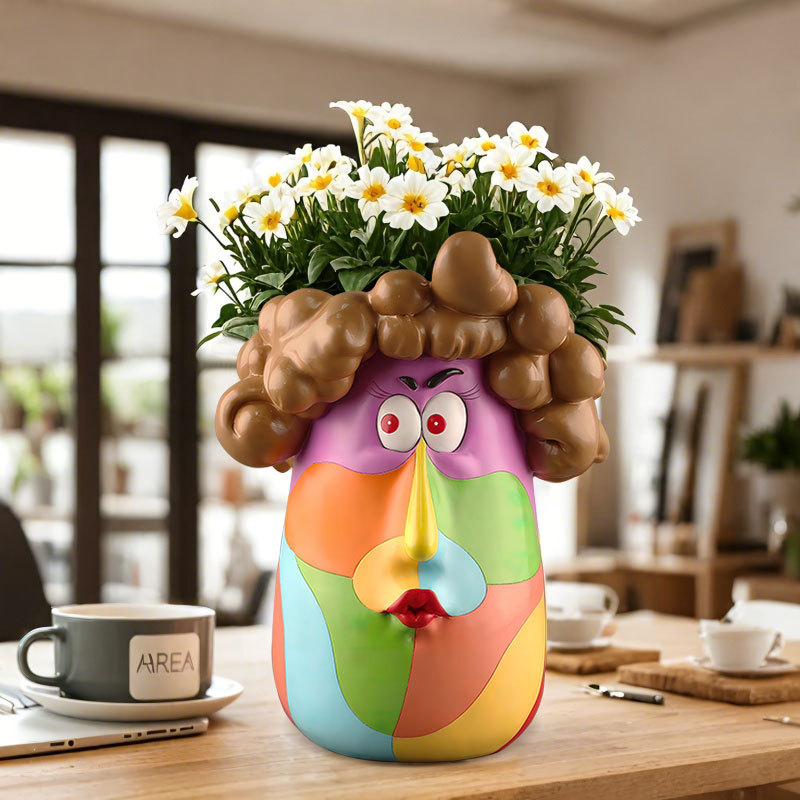 Nordic Colorful Cartoon Curly Hair Girl Home Desktop Garden Resin Art Succulent Flower Pot Ornament Holiday Gift