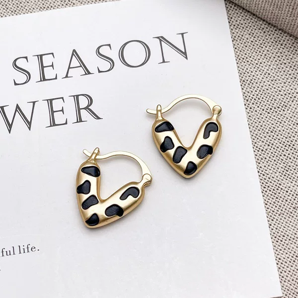 S925 Silver Needle Earrings Gold Frosted Leopard Print Heart Earrings Women's Niche Design Autumn and Winter Retro Earrings