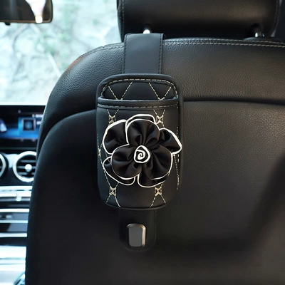 Car water cup holder multi-function Car cup holder/beverage holder - light-luxury-black-flower-leather-water-cup-bucket-with-hook-black