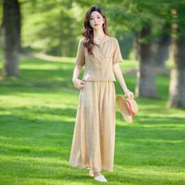 时尚休闲套装夏季新款女装修身领衬衫阔腿裤两件套裤图片色欧美棉