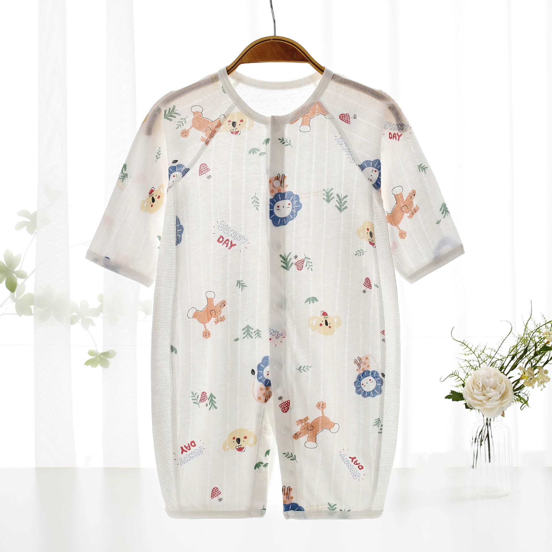 Summer Jumpsuit for Boys and Girls with Mesh Back, Newborn Pure Cotton Sweatshirt, Long-Sleeve Romper, Breathable and Comfortable