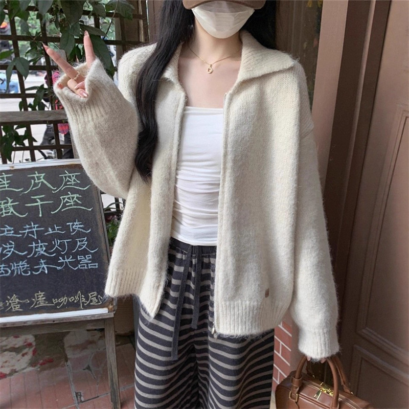 韩系翻领拉链毛衣女装秋冬新款慵懒风宽松软糯毛绒感针织开衫外套|undefined