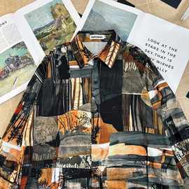 秋装新款男士花衬衫长袖英伦雅痞帅气男装感垂感大领碎花衬衣白色