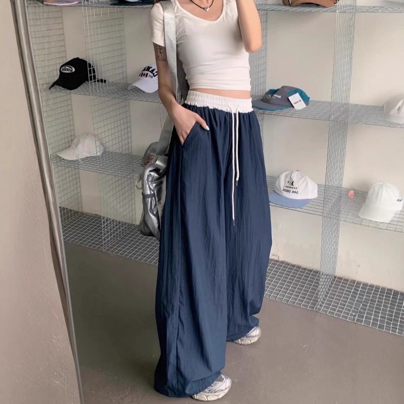 Navy Blue Ice Silk Wide-Leg Pants Men's Summer Thin 2025 New Loose Bf Lazy Style Casual Quick-Drying Sports Pants