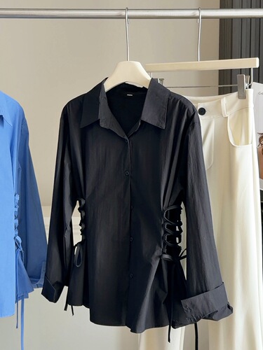 Fashionable design, waist, slimming strap shirt, women's spring clothes, new 2026 lapel all-matching foreign-style shirt top