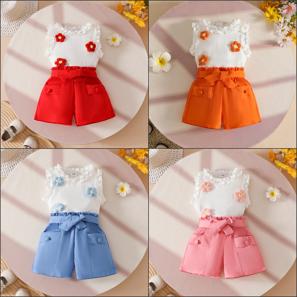 跨境夏甜美女童套装婴童坑条3D毛织花无袖上衣假荷包扣子短裤套装