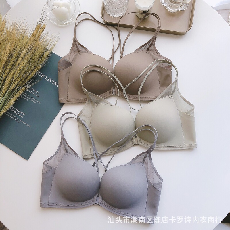 Japanese light kapok comfortable corset seamless cross back underwear women's small chest push up wireless front buckle bra