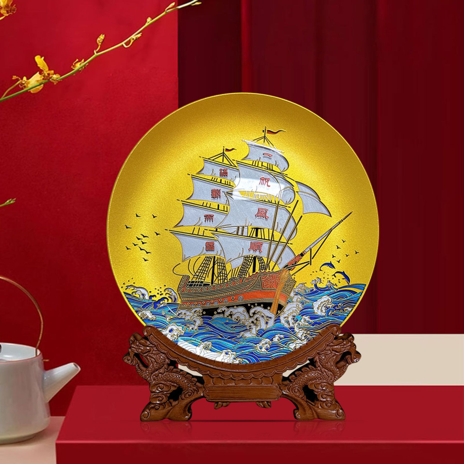 百福十年老店制造晶化玻璃圆盘晶雕掐丝摆盘香港中文大学深圳礼品