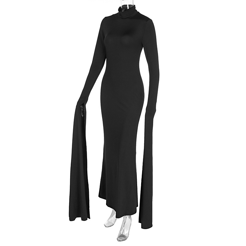 Women Clothing Autumn Personality Slim Fit Sexy Backless Half High Collar Long Sleeves Dress