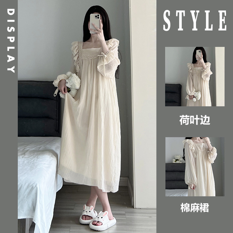 Cotton and Linen Pajamas Women's Summer 2025 New High-end Girl's Square Collar Nightgown plus size Loose Casual dress