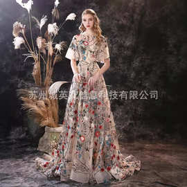 engerla2022新款礼服印花彩色刺绣礼服新娘拖尾敬酒服花仙子礼服