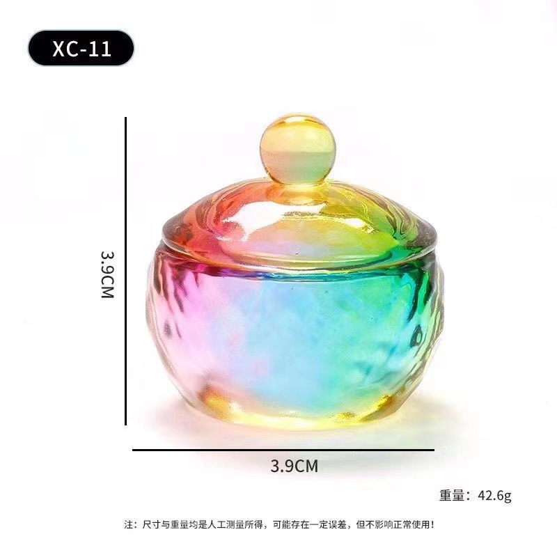 Vaso de Cristal para Manicura con Tapa Cristal Blanco Aurora Multicolor para Salón de Uñas