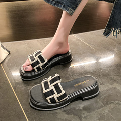 松糕厚底防滑法式涼拖鞋女外穿2024年新款夏季好款拼色編織一字拖