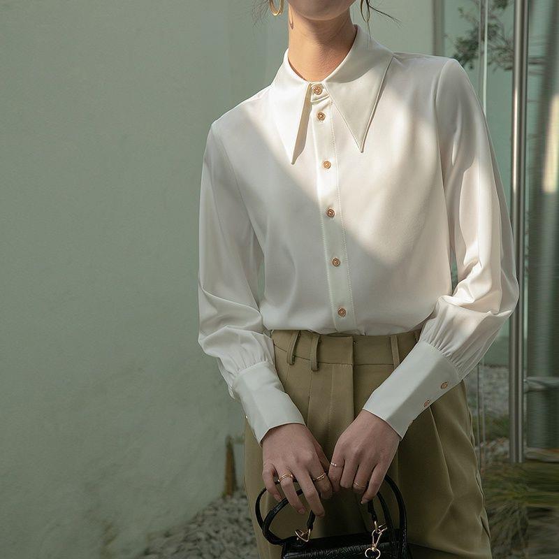 2021 New French Point Collar Satin White Shirt Women's Design Niche Long Sleeve Shirt Chic Top Women