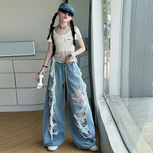 女童夏裤子套装网纱流苏短袖破洞牛仔裤两件套中大童2025新款阔腿