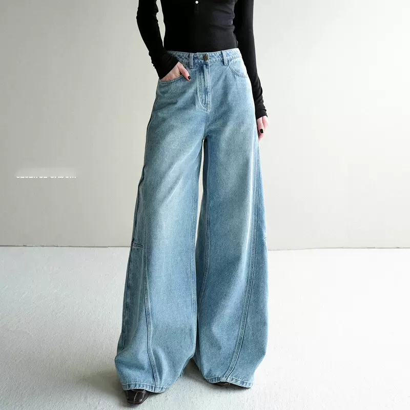 Moga升级百搭神裤 棉混纺复古水洗丹宁解构刺绣阔腿牛仔裤女春秋