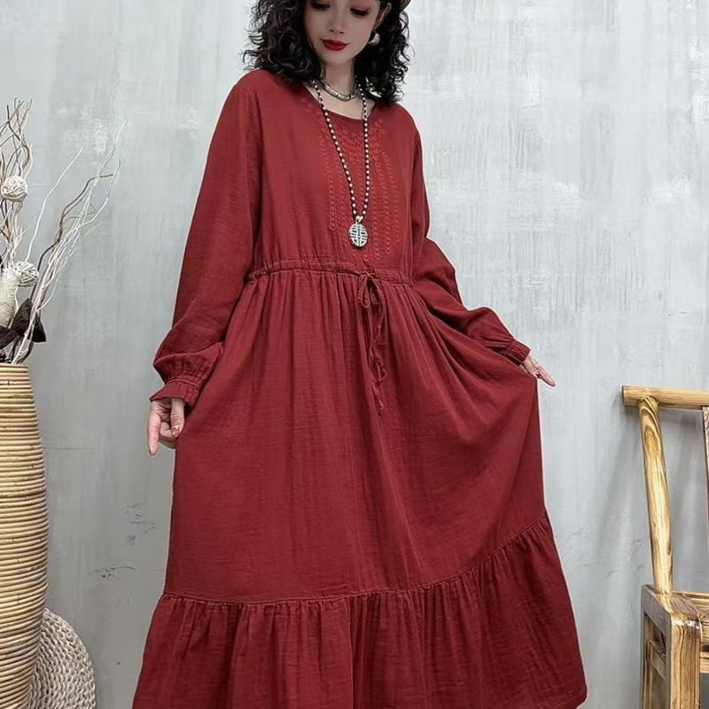 2025 Autumn Cotton Yarn Solid Color Extended Long Dress Long Sleeve Patchwork Tiered Dress Artistic Women's Dress