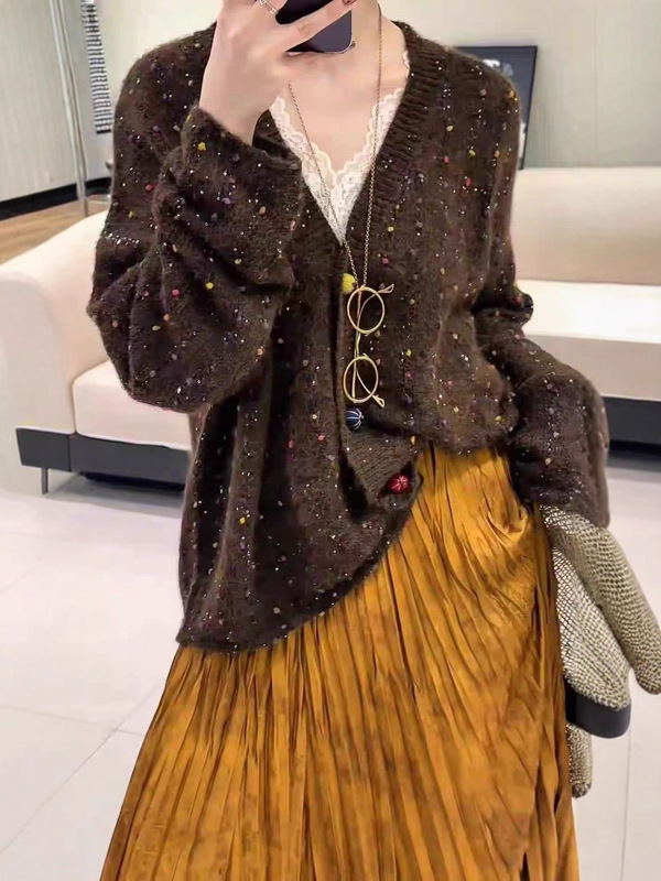 韩系彩色毛球针织开衫毛衣女2025秋季新款宽松慵懒松弛感小众上衣|undefined