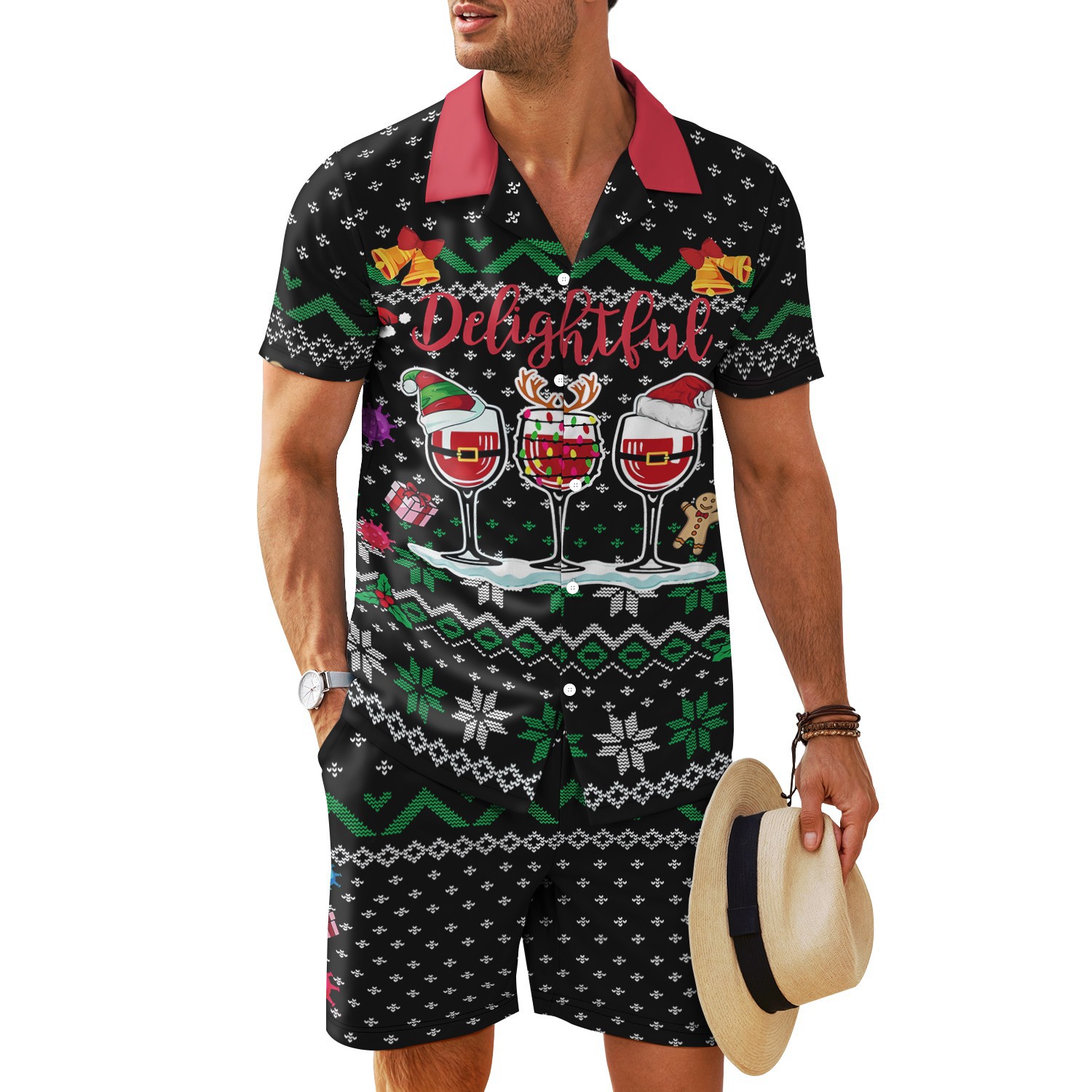 Transfronterizo 2025 nuevo estilo Amazon europeo y americano patrón de nieve cuello cubano camisa de manga corta pantalones cortos traje MB34 MA04