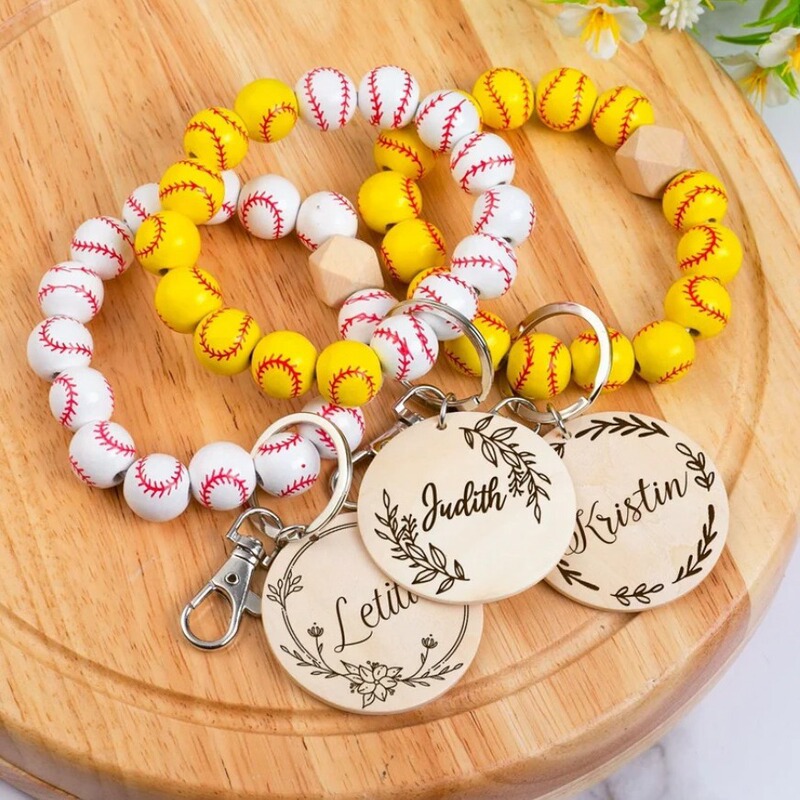 Etsy Cross Border Monogram Football Basketball Wooden Beads Wooden Card Handle Keychain Printed Wooden Beads Bracelet Keychain