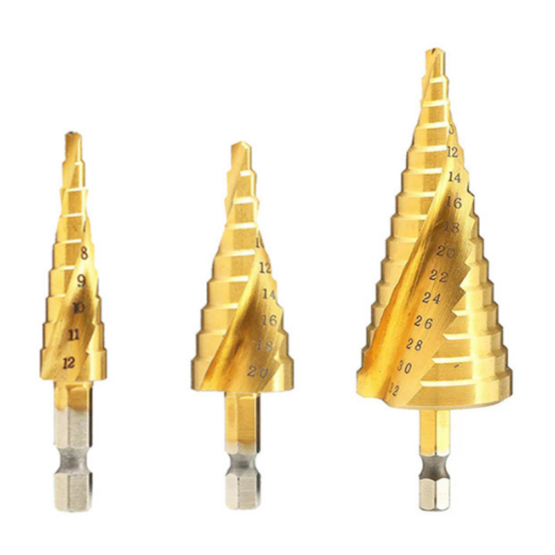 Alta VELOCIDAD DE ACERO pagoda taladro recto ranura mango hexagonal titanio-plateado paso taladro escariado agujero abridor bolsa de tela traje paso Taladro