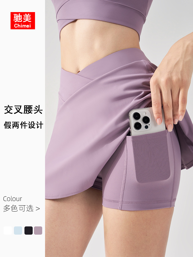 Verano nuevo estilo pantalones cortos de yoga falso dos deportes anti-luz falda de tenis de golf mujer cintura alta delgada con bolsillos