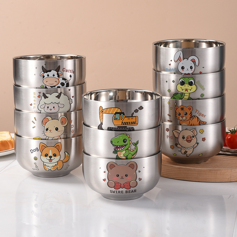 Cartoon cute children's stainless steel bowl food grade twelve Zodiac Baby insulated double-layer household eating bowl drop-resistant