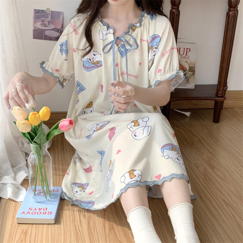 Verano 2023 Pijamas Mujer de manga corta burbuja arruga estudiante lindo ropa exterior suelta ropa de hogar camisón Mujer Princesa estilo