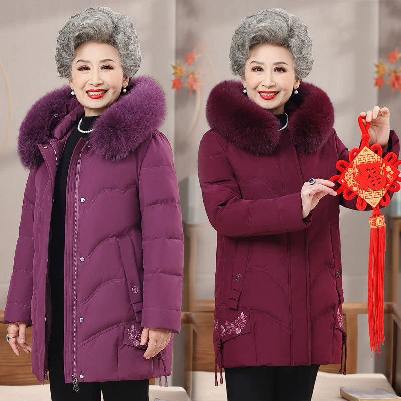 Пуховик для женщин среднего и пожилого возраста, утолщенная одежда с шерстяным воротником для матери, стеганая одежда, зимняя теплая куртка с капюшоном для бабушек средней длины, Новинка