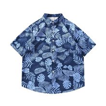 夏季薄款古巴领度假海边蓝色衬衫男女潮流宽松大码夏威夷短袖衬衣