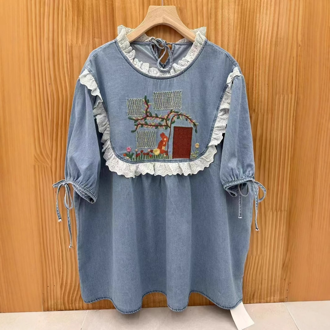 Japanese Mori Girl Style Spring/Summer 2025 New Vintage Washed Denim Crewneck Short-sleeved Shirt Women's Pullover All-match