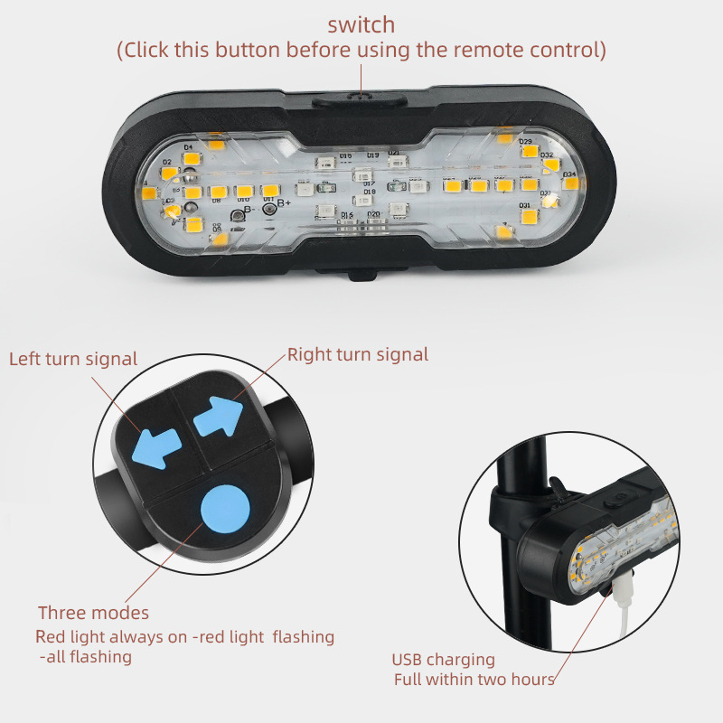 Luces de bicicleta, luces traseras de dirección de control remoto, luces izquierda y derecha, carga USB, conducción nocturna de montaña, LED con bocina, luz de advertencia impermeable
