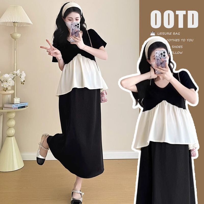 Maternity Wear, Summer Korean Style, Fashionable Loose-Fitting Short-Sleeved Top, Casual Outerwear, Belly-Supporting Skirt, Complete Set for Hot Moms Maternity Wear, Summer Korean Style, Fashionable Loose-Fitting Short-Sleeved Top, Casual Outerwear, Belly-Supporting Skirt, Complete Set for Hot Moms