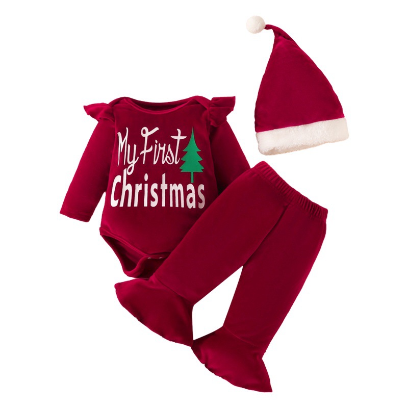 Cross-Border 4PCs Niño "Navidad" carta de impresión volando manga larga Top + pantalones acampanados + pañuelo + sombrero