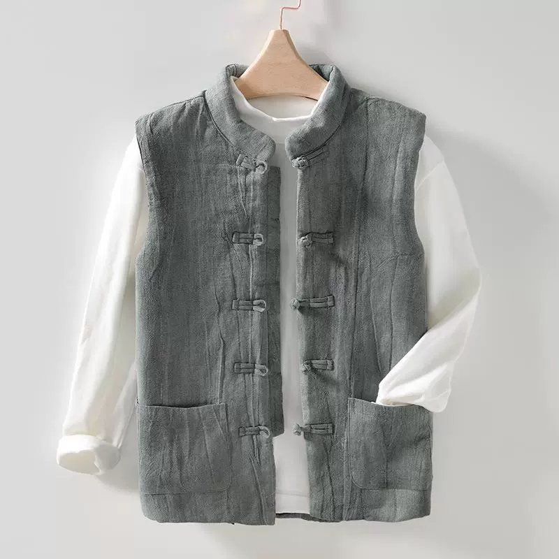 L118 Китайский Стиль Пряжка воротник-стойка без рукавов жилет рами хлопок жилет пальто мужские волосы поколения