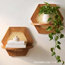 木制墙饰摆件置物架藤编墙上置物架悬挂隔板绿植花瓶烛台展示架
