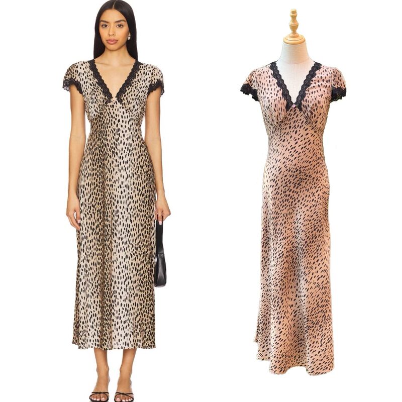 Soft Brown Leopard Print·Retro Leopard Print Style Spliced Lace Bias-Cut Silk Short-Sleeved Long Dress