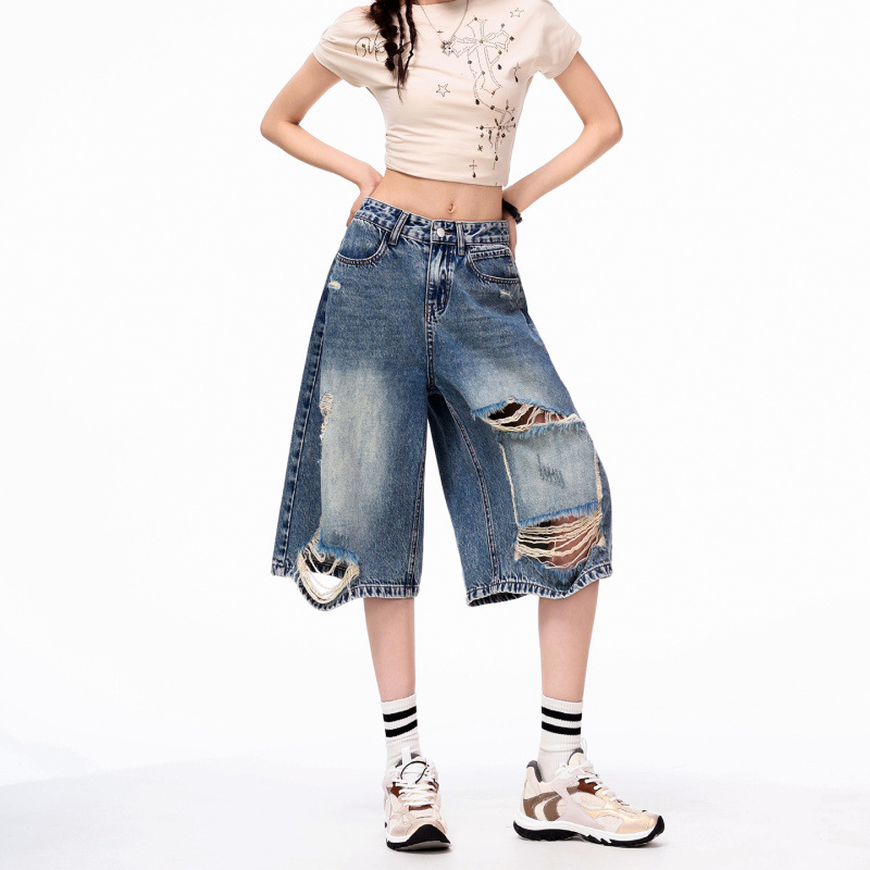 Vintage jeans agujeros para mujeres 2026 verano nuevo suelto delgado tamaño grande graso MM recto siete pantalones de piernas anchas