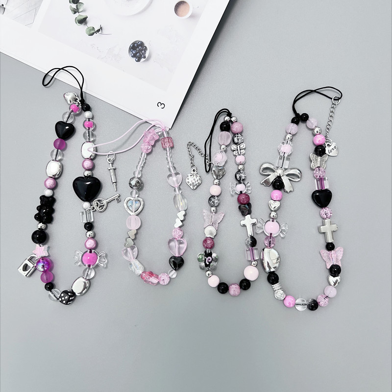 Sweet cool wind love strawberry bear ccd camera hand rope beads mobile phone chain lanyard mobile phone case pendant hot girl y2k